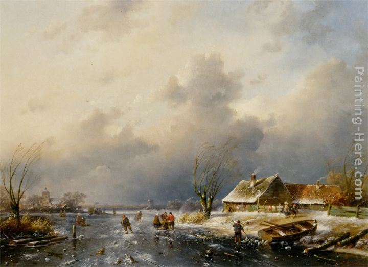 Charles Henri Joseph Leickert A Frozen Waterway with Skaters by a Cottage